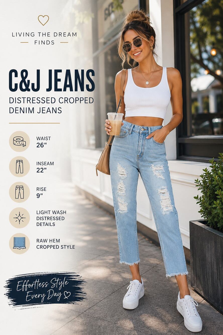C&J Jeans Women's Size M Light Wash Distressed Cropped Raw Hem Denim Jeans